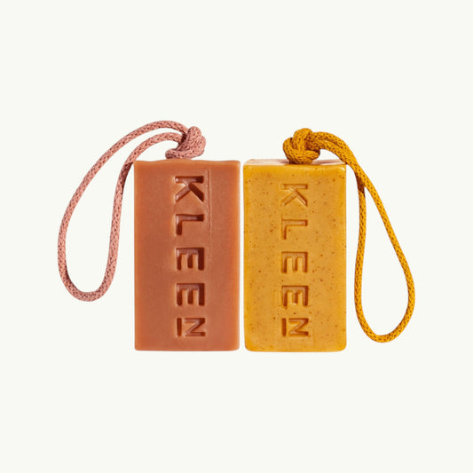 Kleen Soaps two pack of handmade vegan soap on a rope, featuring pink clay and yellow citronella exfoliating bars