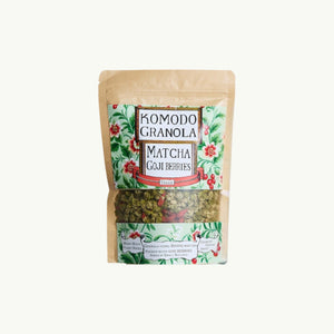 BRiMM Komodo Bakery vegan matcha and goji berry granola in a resealable kraft paper pouch with floral label design.