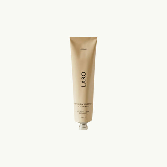 BRiMM Laro London naturally whitening fluoride-free toothpaste in a recyclable aluminium tube with mint and lemon.