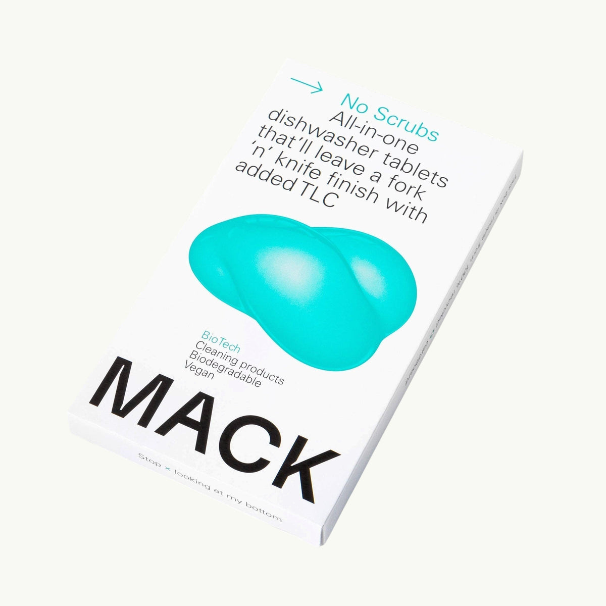 MACK all-in-one dishwasher tablets in white box with teal tablet graphic, eco-friendly and fragrance-free formula.