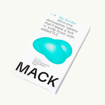 MACK all-in-one dishwasher tablets in white box with teal tablet graphic, eco-friendly and fragrance-free formula.