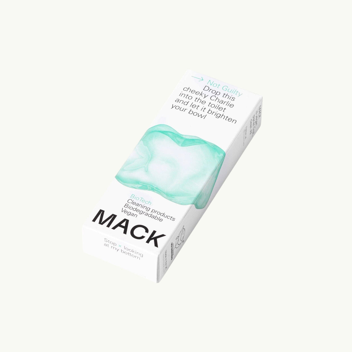 MACK Not Guilty toilet descaler box with minimalist white packaging and light green graphic design
