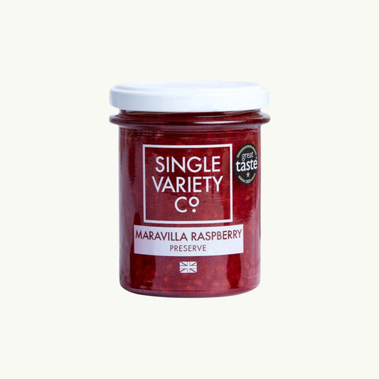 Single Variety Co Maravilla Raspberry Preserve, front of the pack.