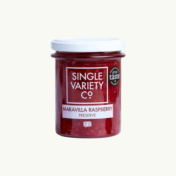 Single Variety Co Maravilla Raspberry Preserve, front of the pack.