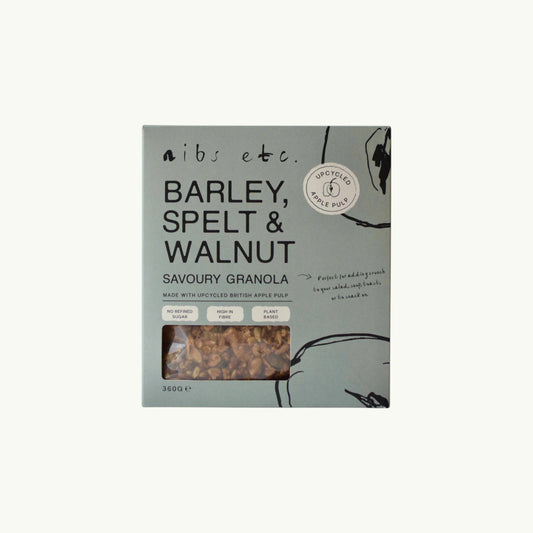 BRiMM Nibs Etc. savoury granola box with barley, spelt, and walnuts, made with upcycled apple pulp.