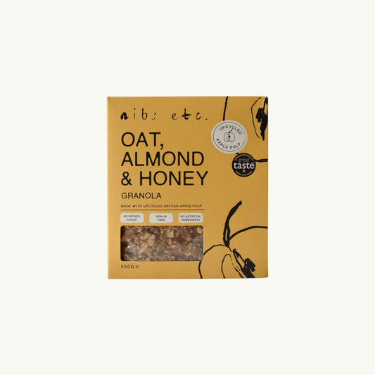 BRiMM Nibs Etc. Oat, Almond & Honey Granola in a sustainable yellow box with upcycled apple pulp ingredients.