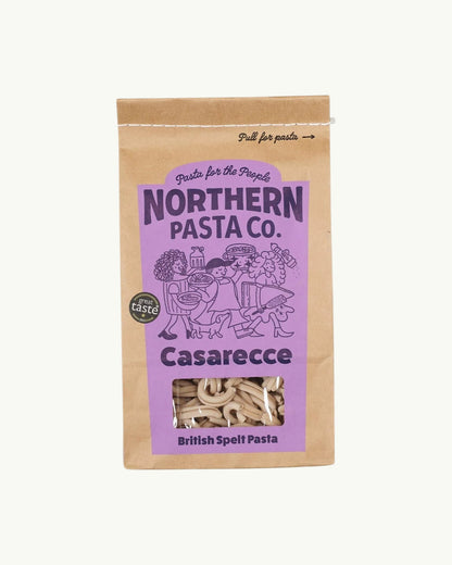 Northern Pasta Co. Casarecce pasta package with purple label on a white background