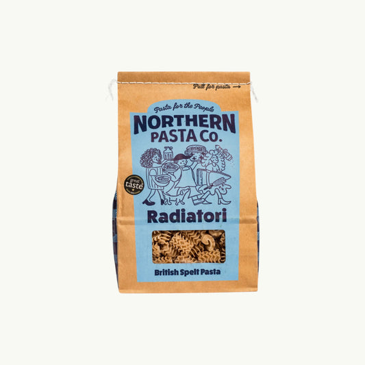 BRiMM Northern Pasta Co. Radiatori in a brown paper bag with blue illustrated label and British spelt pasta visible.