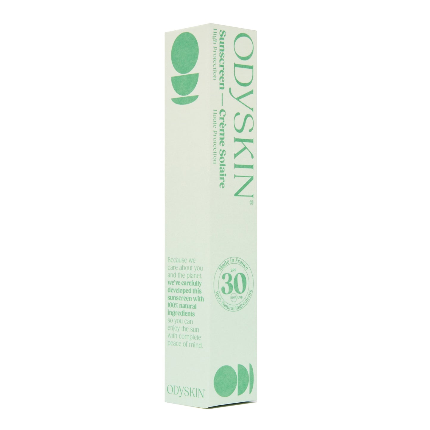 odyskin SPF 30 mineral sunscreen in a tall, light green box with white text and natural zinc oxide formula