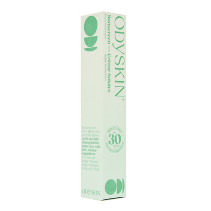 odyskin SPF 30 mineral sunscreen in a tall, light green box with white text and natural zinc oxide formula