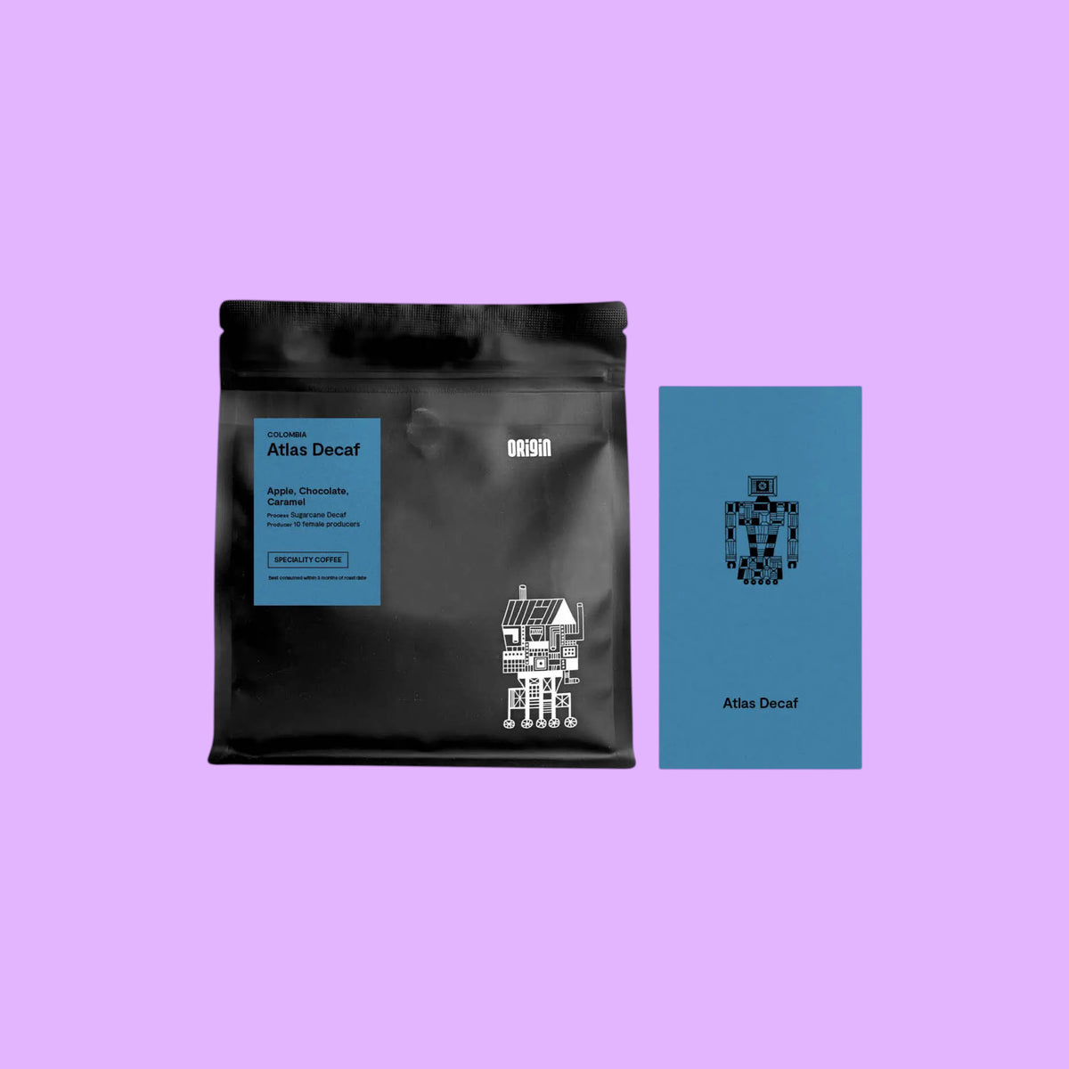 Origin Coffee Atlas Decaf whole bean coffee bag and blue information card on a light purple background.
