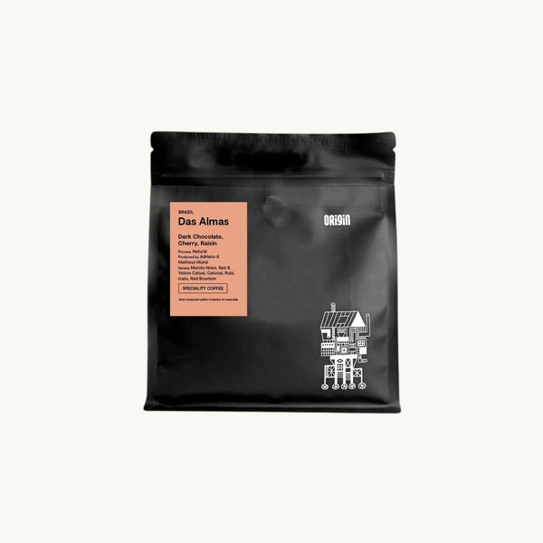 BRiMM Das Almas whole bean coffee in a black 250g bag with a peach label featuring tasting notes of chocolate