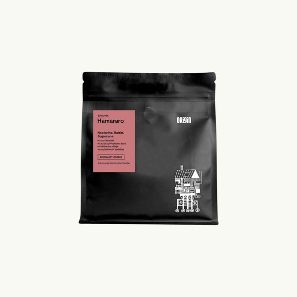 BRiMM Hamararo Ethiopian whole bean coffee in a black 250g bag with a pink label featuring tasting notes