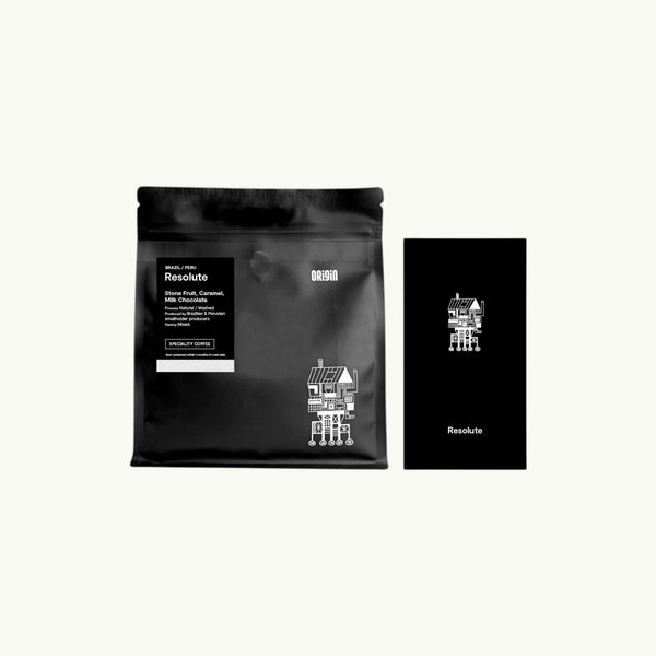 BRiMM Resolute whole bean coffee bag in black packaging with white label detailing origin and tasting notes.