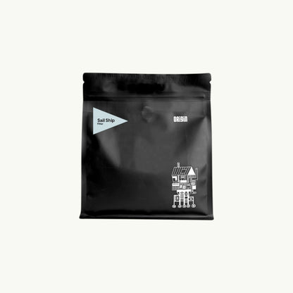 BRiMM Sail Ship filter coffee whole beans in a sleek black matte pouch with minimalist white graphic design.