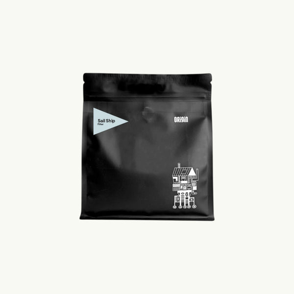 BRiMM Sail Ship filter coffee whole beans in a sleek black matte pouch with minimalist white graphic design.