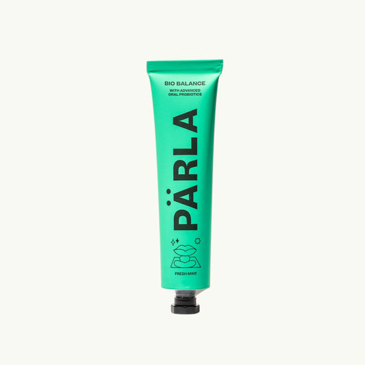 PÄRLA probiotic toothpaste in a bright green 75ml tube for fresh breath and oral health