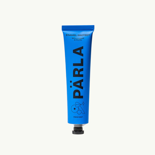 Pärla Enamel Protect toothpaste in a blue tube with fluoride and xylitol for fresh mint enamel care