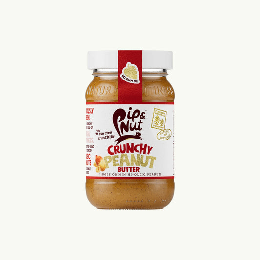 BRiMM Pip & Nut crunchy peanut butter jar with red label, made from single-origin Argentinian hi-oleic peanuts.
