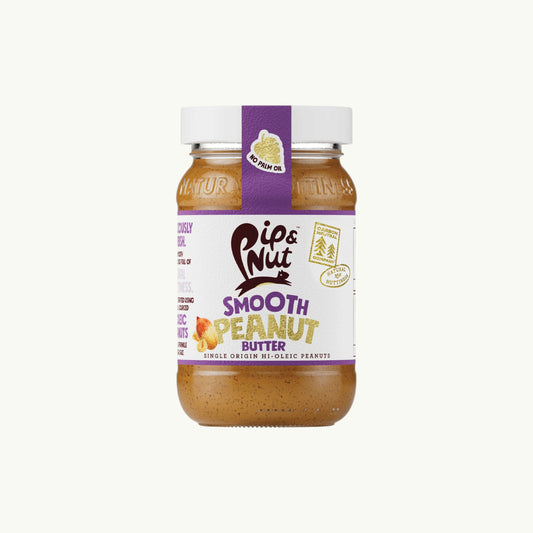 BRiMM Pip & Nut smooth peanut butter in a glass jar with a purple label, made from Argentinian hi-oleic peanuts.