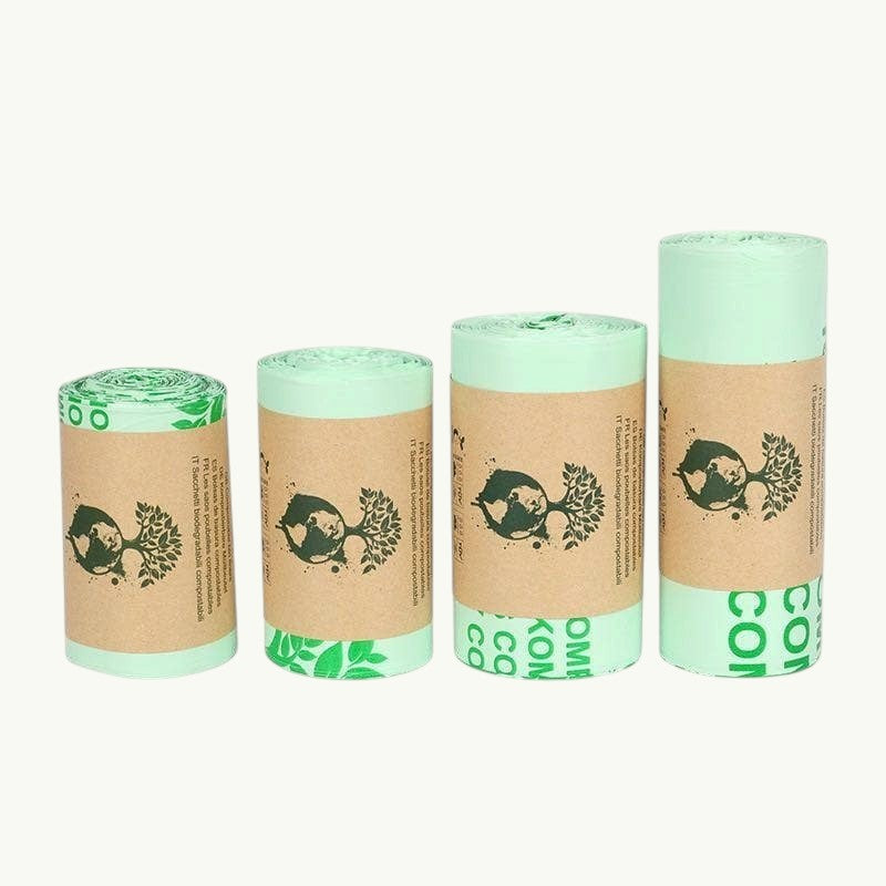 Re:gn biodegradable cornstarch bin bags in four different roll sizes with eco-friendly paper packaging