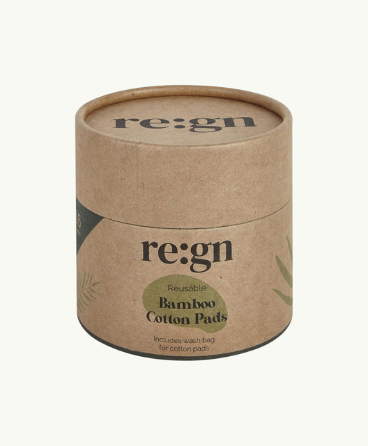Re:gn reusable bamboo cotton makeup remover pads in a sustainable kraft cardboard storage cylinder