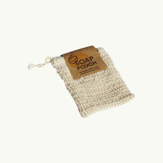 Re:gn natural sisal soap pouch for exfoliating and soap saving, made from 100% plant fibre with a drawstring closure.