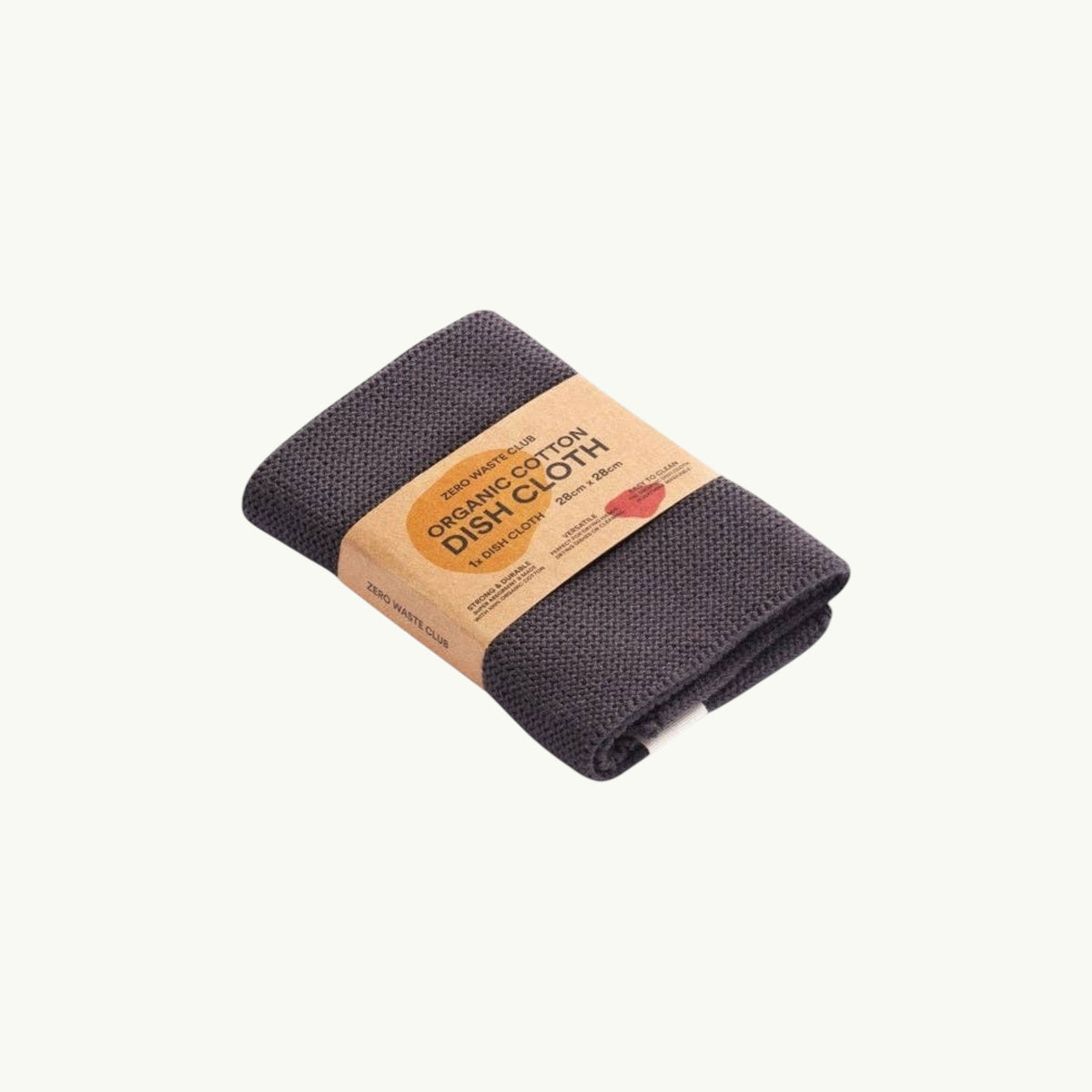 Zero Waste Club charcoal grey organic cotton dish cloth folded with a sustainable cardboard belly band