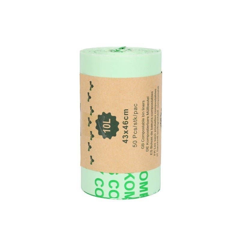 Re:gn biodegradable 10L cornstarch bin bags in a green roll with paper packaging label