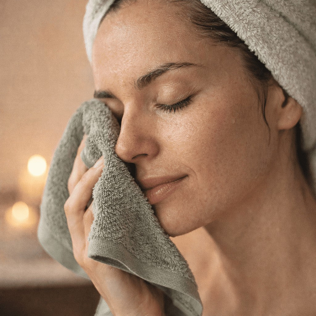 A woman using a soft Sage Haze re:gn bamboo face cloth to gently cleanse her skin in a serene bathroom setting.