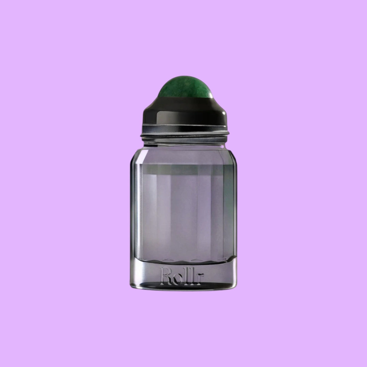 Rollr refillable glass deodorant bottle with a green aventurine roller ball for a natural application.