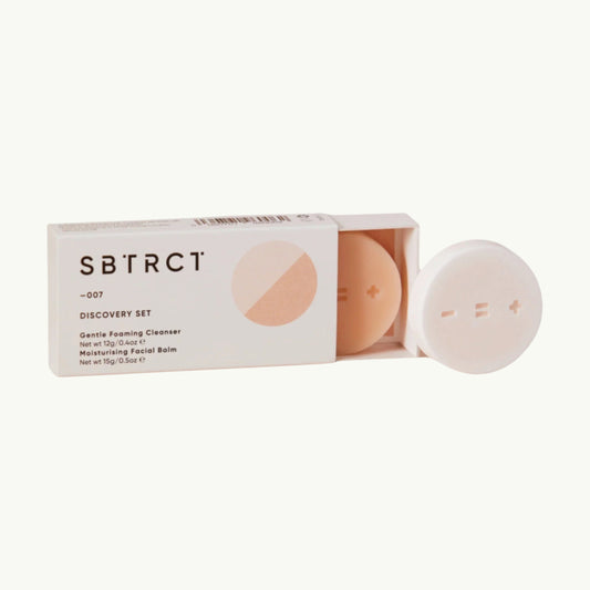BRiMM SBTRCT Discovery Travel Minis set featuring a gentle foaming cleanser and moisturising balm in solid form.