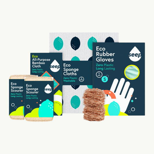 BRiMM Seep eco-friendly cleaning starter kit featuring sponges, bamboo cloths, rubber gloves, and copper scourers.
