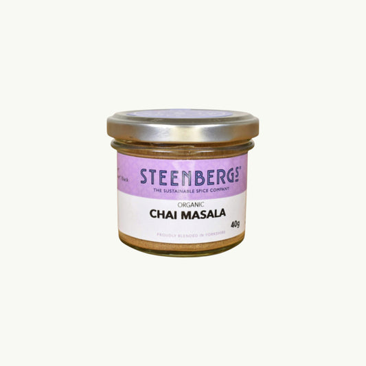 BRiMM Steenbergs organic masala chai spice blend in a small recyclable glass jar with a purple label