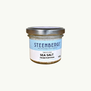 BRiMM Steenbergs traditional hand-harvested Portuguese sea salt flakes in a small glass jar