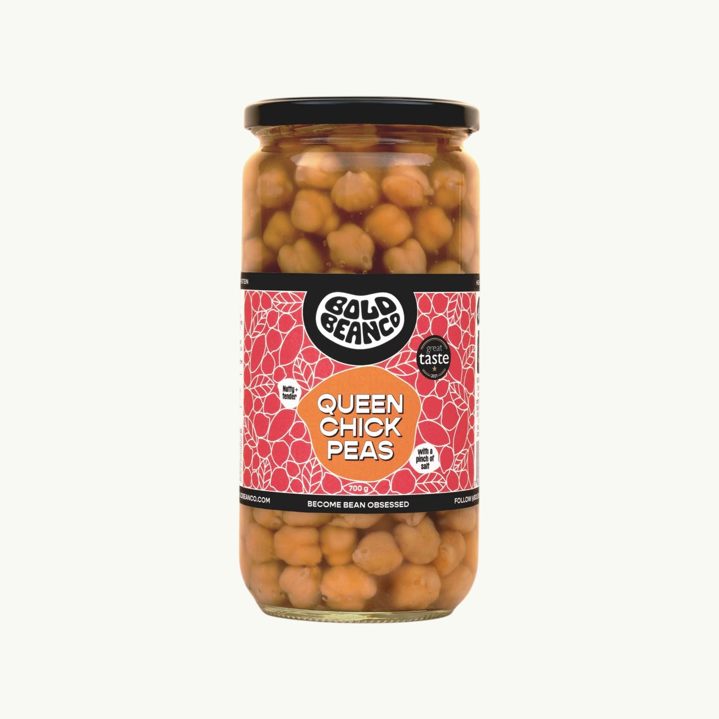 Bold Bean Co Queen Chickpeas in a 700g glass jar featuring heirloom garbanzo beans with a creamy texture.