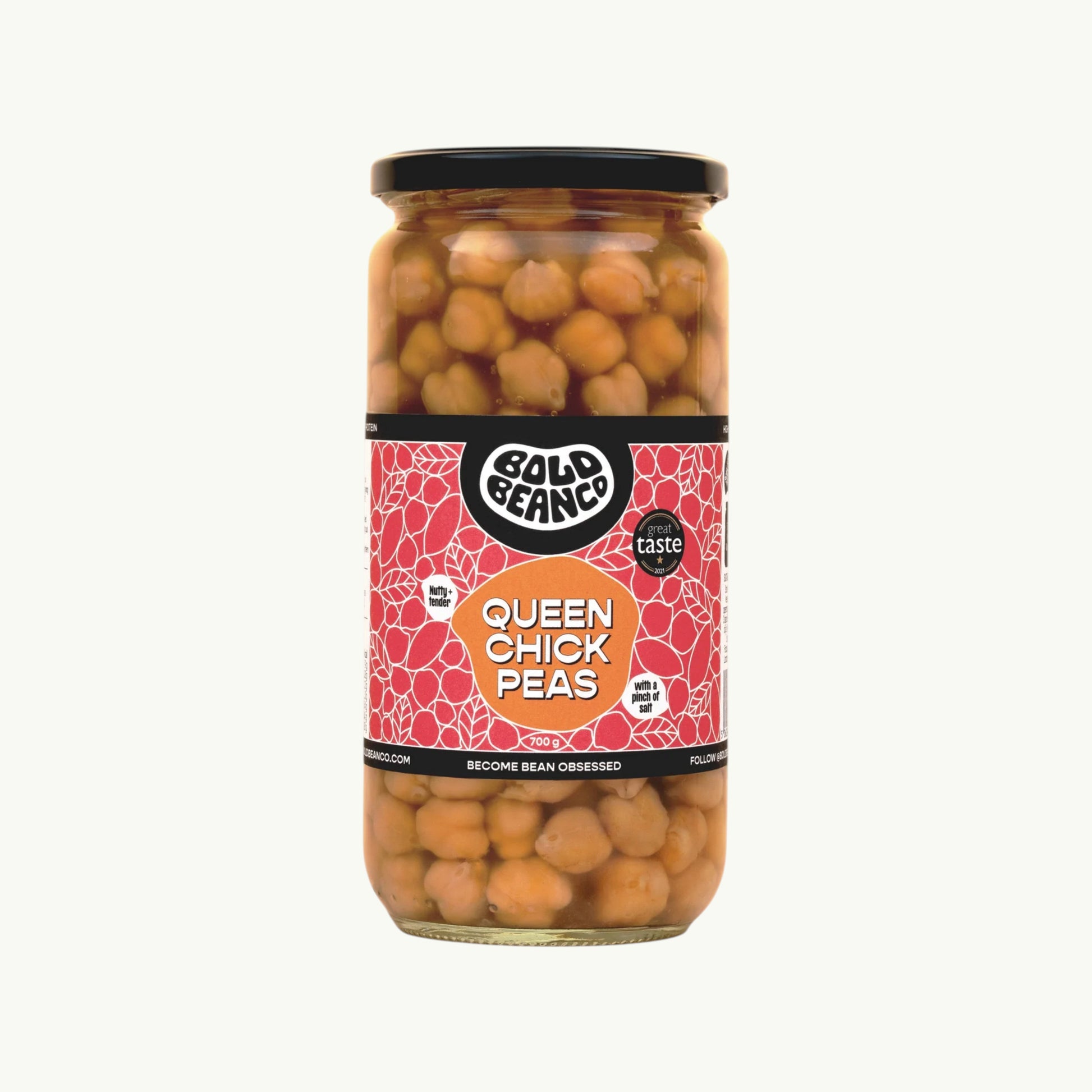 Bold Bean Co Queen Chickpeas in a 700g glass jar featuring heirloom garbanzo beans with a creamy texture.