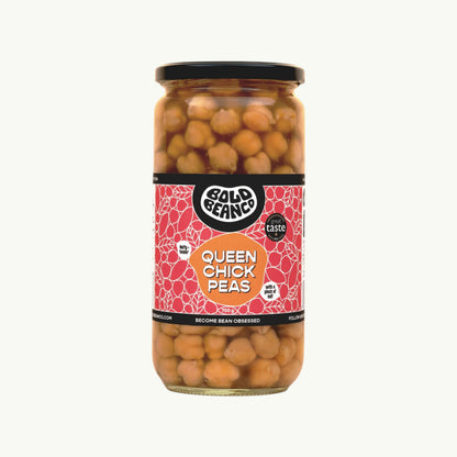 Bold Bean Co Queen Chickpeas in a 700g glass jar featuring heirloom garbanzo beans with a creamy texture.