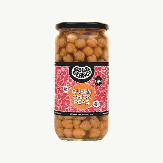 BRiMM Bold Bean Co Queen Chickpeas in a 700g glass jar featuring heirloom garbanzo beans with a creamy texture.
