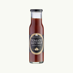 The Garlic Farm tomato ketchup with garlic in a glass bottle, a vegan and gluten-free condiment.