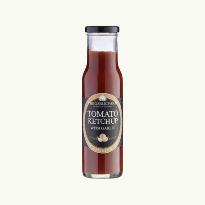 The Garlic Farm tomato ketchup with garlic in a glass bottle, a vegan and gluten-free condiment.
