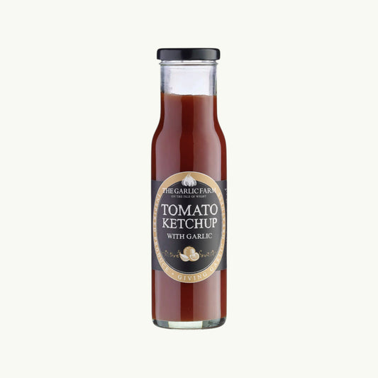 The Garlic Farm tomato ketchup with garlic in a glass bottle, a vegan and gluten-free condiment.