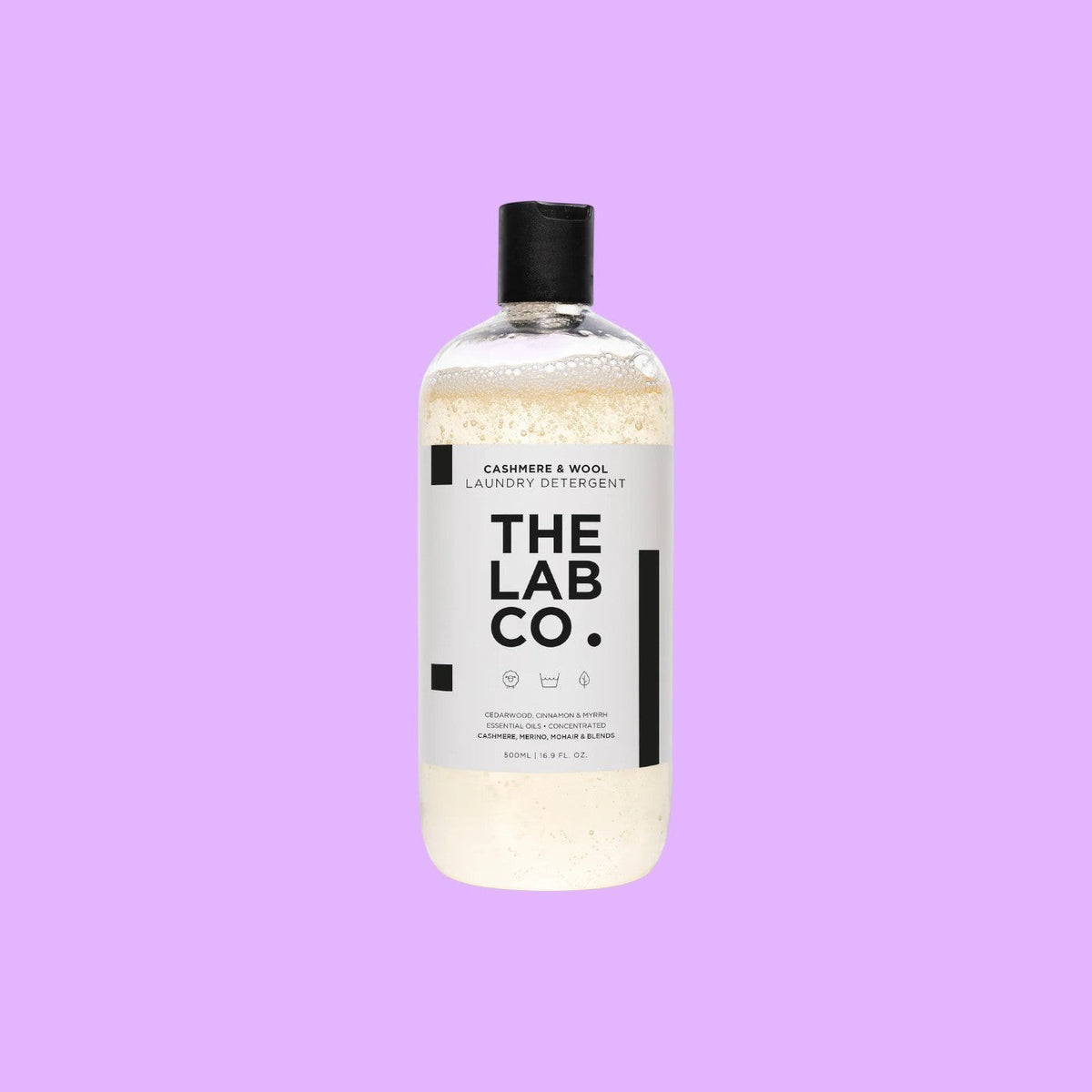 The Lab Co cashmere and wool laundry detergent in a 500ml clear bottle with a black cap and minimalist label.