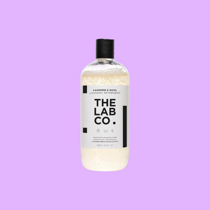 The Lab Co cashmere and wool laundry detergent in a 500ml clear bottle with a black cap and minimalist label.