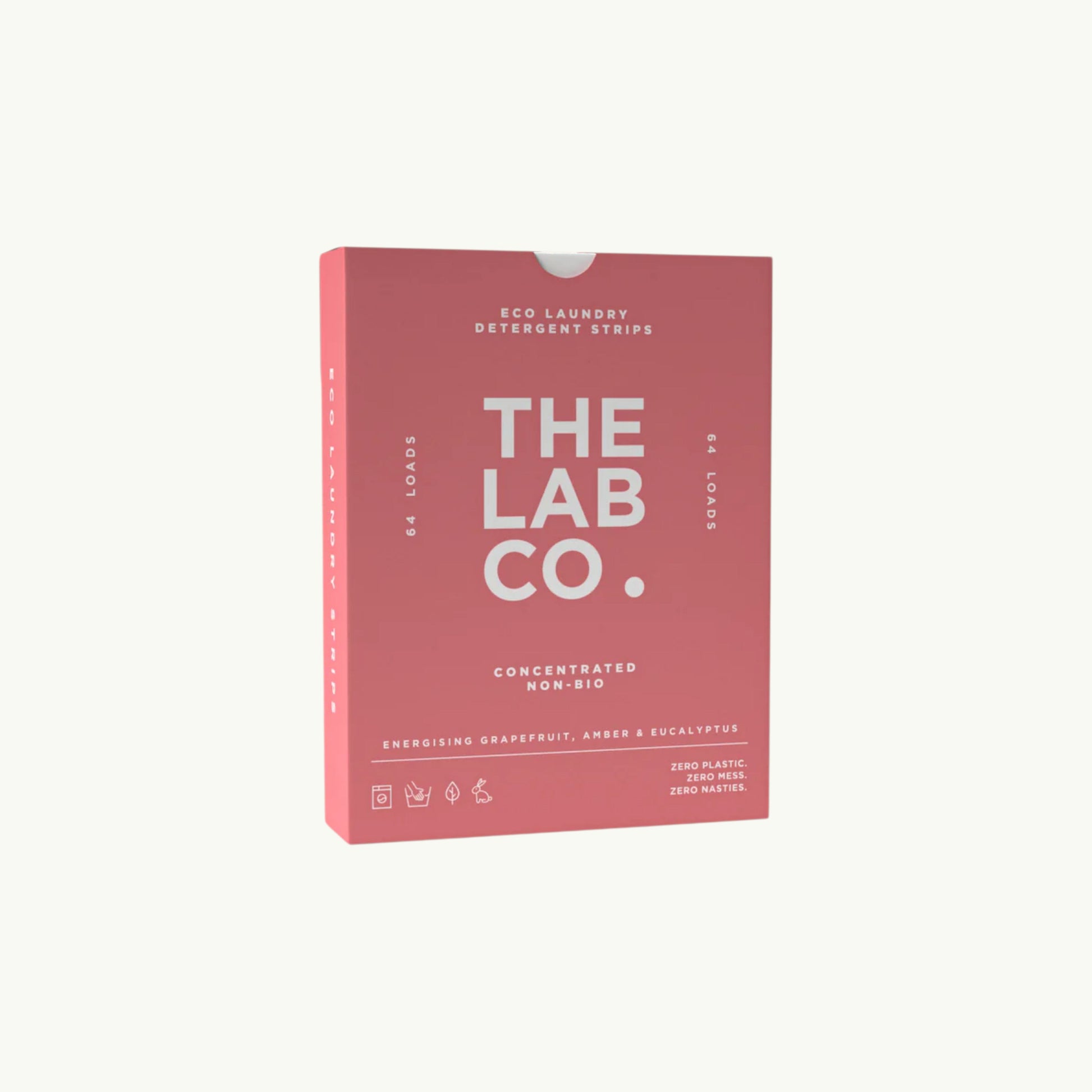 The Lab Co. Energising Laundry Detergent Strips in a pink plastic-free box for 64 loads of eco-friendly laundry.
