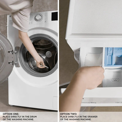 The Lab Co laundry detergent strips being placed into a washing machine drum and detergent drawer for easy cleaning