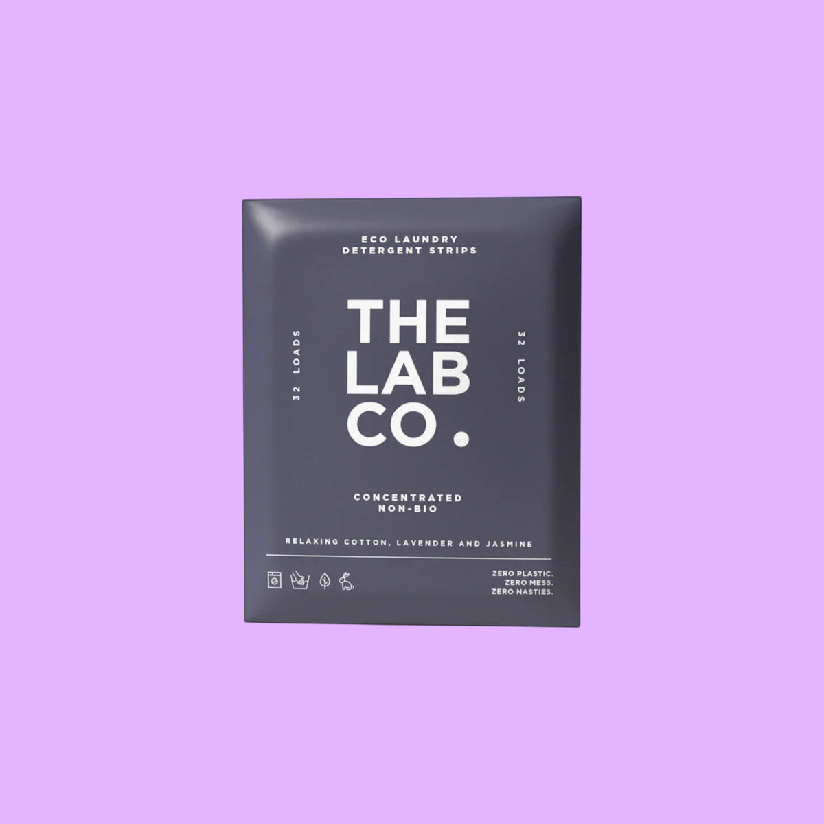 The Lab Co. Relaxing Laundry Detergent Strips in dark purple plastic-free packaging for 32 loads, shown from a different angle.