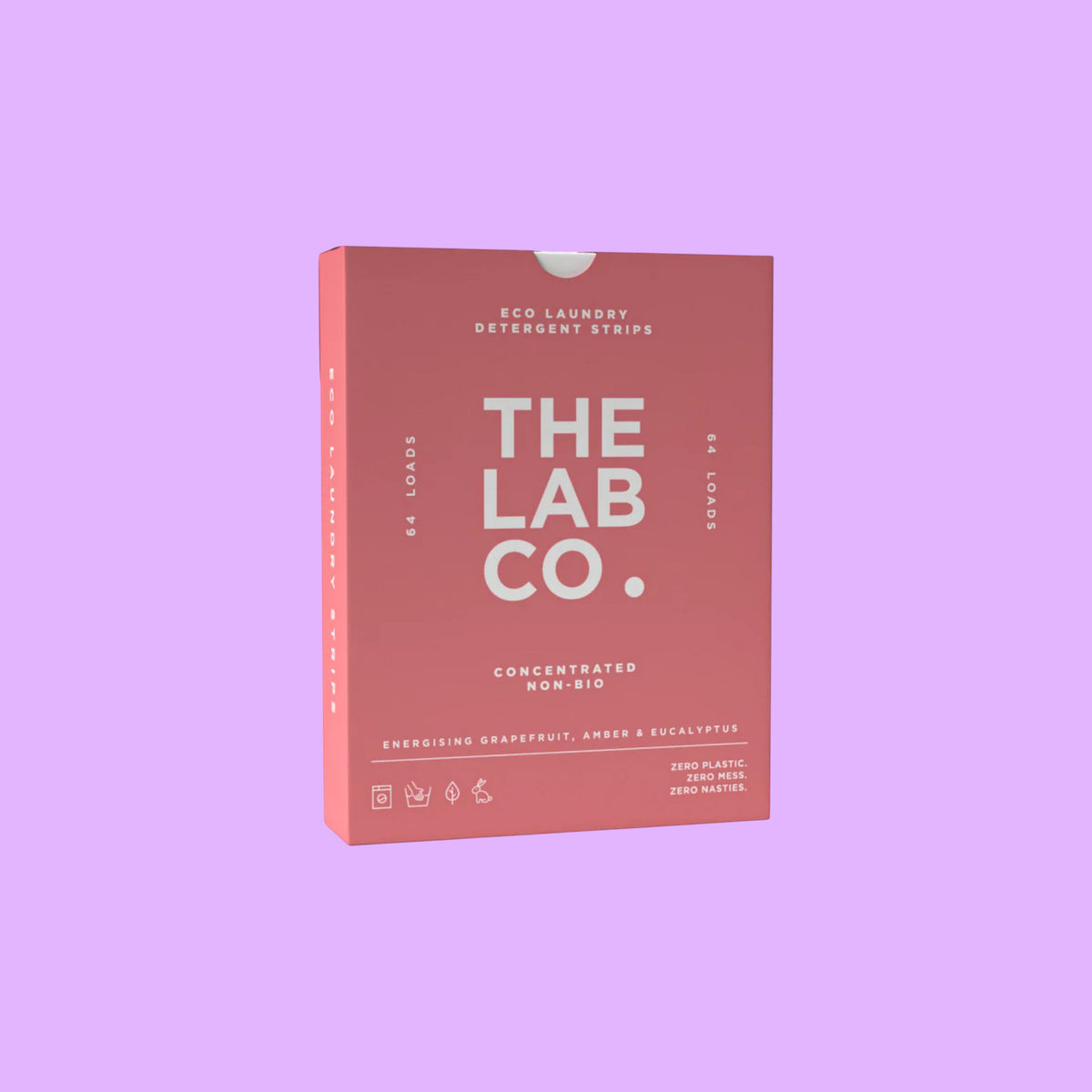 The Lab Co. Energising Laundry Detergent Strips in a pink plastic-free box for 64 loads of eco-friendly laundry, shown from a different angle.