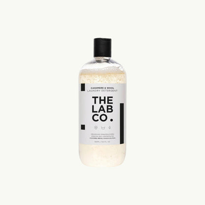 The Lab Co cashmere and wool laundry detergent in a 500ml clear bottle with a black cap and minimalist white label.
