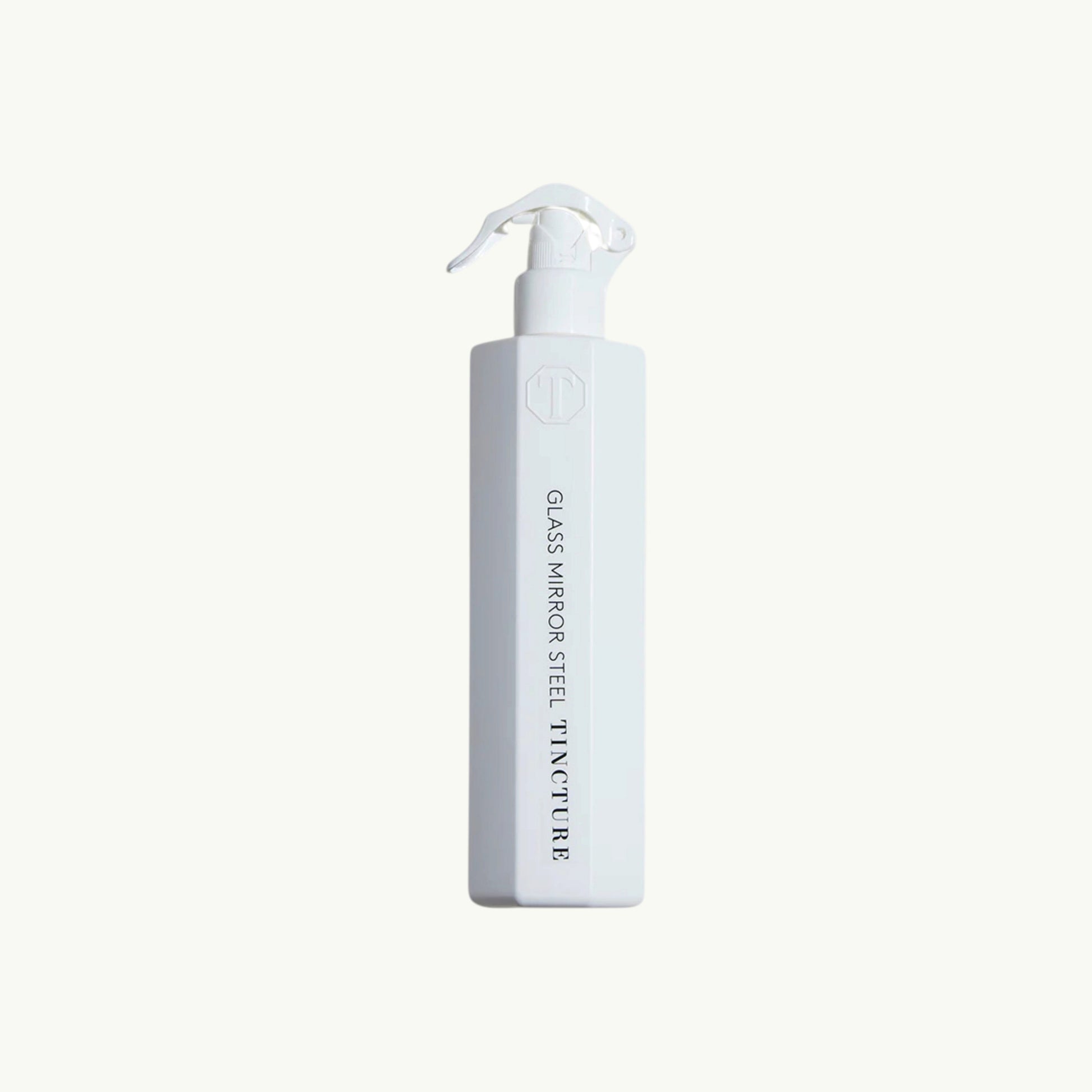 Tincture London antimicrobial white octagonal spray bottle for glass, mirror, and steel cleaning.